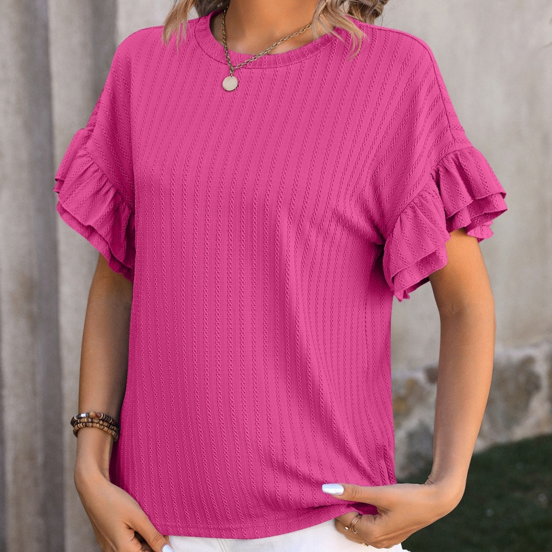Women's Solid Color Round Neck Ruffled Short Sleeves - Chic Angle